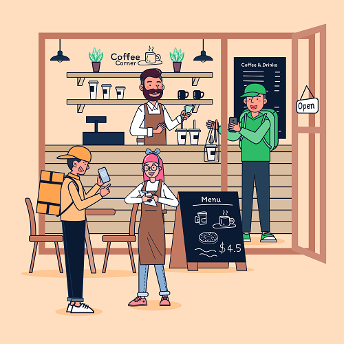 Image depicts a lively COFFEE SHOP BACKGROUNDS scene: a happy barista at the counter, a backpack-wearing customer with phone nearby, another person in an apron sipping coffee. In the doorway stands someone in a green hoodie on their phone. The menu board lists $4.5 prices.