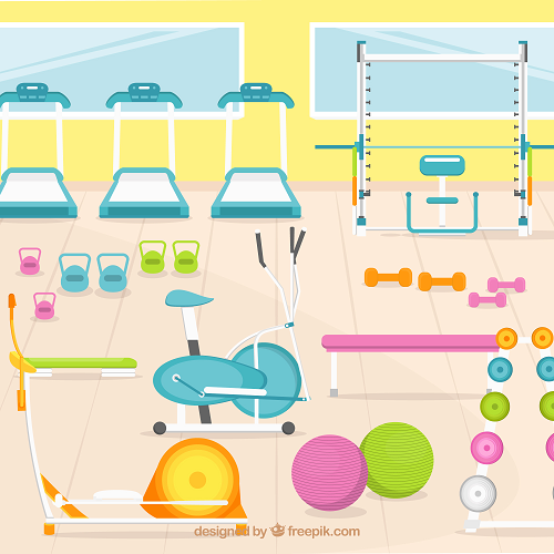 FITNESS BACKGROUND showcases a gym with treadmills, a stationary bike, elliptical, weight bench, dumbbells, kettlebells, barbells, and exercise balls set against light brown flooring and yellow walls.