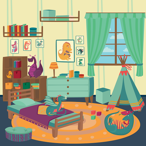 A whimsical KIDS BACKGROUNDS bedroom features dragon motifs with posters, a toy dragon on the bed, and another curled up on the circular rug. A teepee and colorful books add charm, while green curtains frame a window view of clouds.