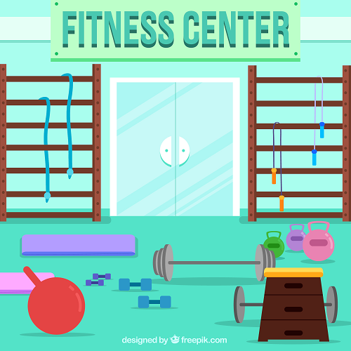 Fitness center illustration featuring kettlebells, dumbbells, a jump rope, a step platform, and a barbell; Fitness Center sign above the entrance. *Product: FITNESS BACKGROUND*.