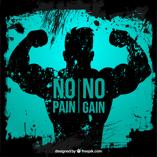 The FITNESS BACKGROUND features a muscular silhouette flexing against a distressed turquoise backdrop, with the central text NO PAIN, NO GAIN surrounded by grunge texture.