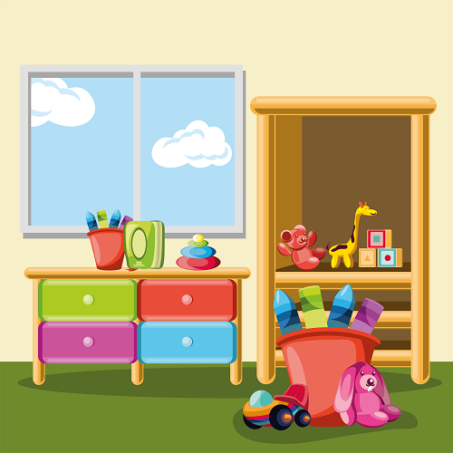 A childrens playroom using KIDS BACKGROUNDS, featuring a window with clouds, colorful drawers, and a shelf with a toy giraffe, blocks, and a plush bear. On the floor: a bucket of crayons, toy car, and plush bunny.