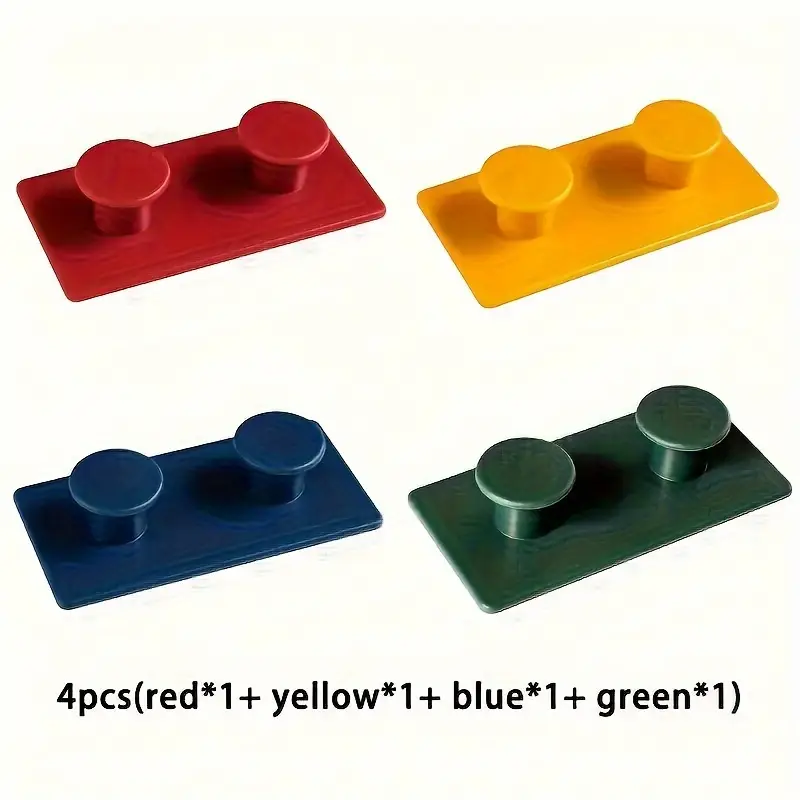 This 4-pack of creative wall hooks includes four rectangular blocks in red, yellow, blue, and green. Each block features two round pegs and is made from durable ABS resin with strong adhesive backing for easy installation.