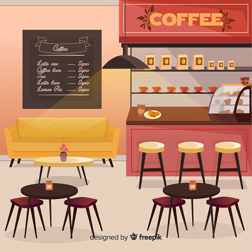 The COFFEE SHOP BACKGROUNDS illustration features a cozy interior with a menu board listing lattes and teas, a yellow sofa, small round tables with chairs, a counter showcasing pastries and coffee cups beneath a large Coffee sign, and a small plant on one of the tables.