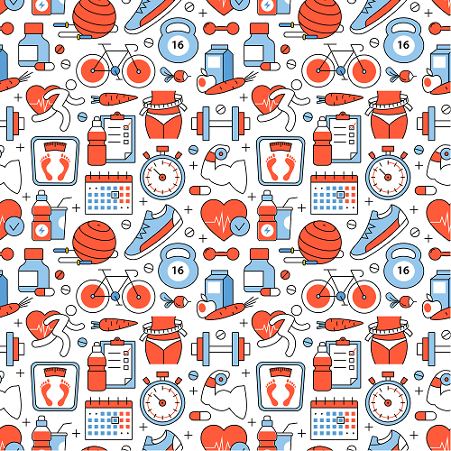 The FITNESS BACKGROUND offers a seamless pattern adorned with fitness symbols like dumbbells, a stopwatch, water bottles, bikes, running shoes, scales, heartbeats, veggies, notepads, and gym balls in red, blue, and white tones.