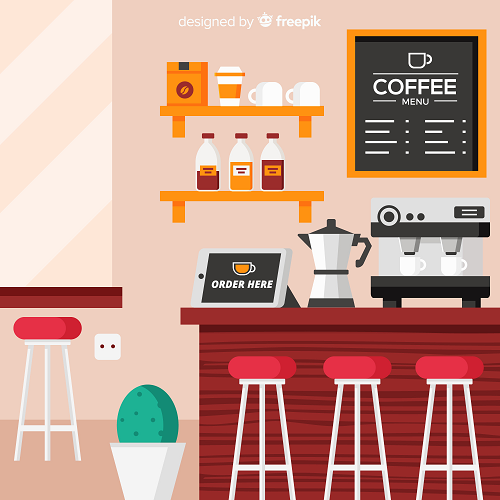 Illustration from COFFEE SHOP BACKGROUNDS: Interior with a counter, stools, shelves of cups and bottles. Coffee menu above an espresso machine, tablet displaying Order Here, potted cactus on the floor.