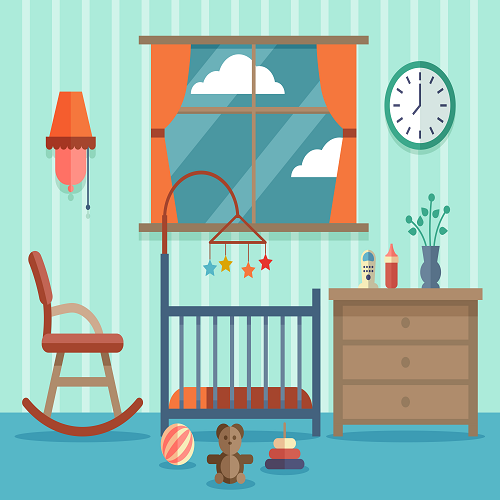 Illustration of a nursery from KIDS BACKGROUNDS featuring a crib, mobile, rocking chair, dresser, toys, wall clock, and window with orange curtains. Light green striped walls include a wall lamp and small plant.