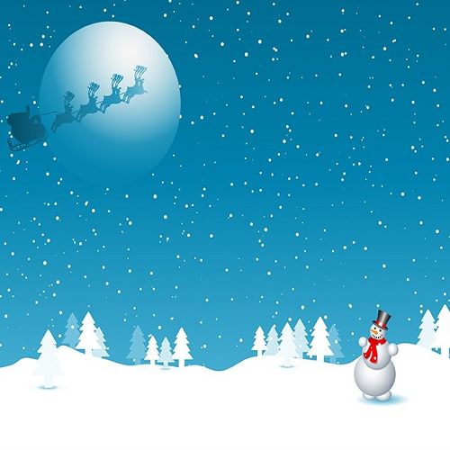 A cheerful snowman with a red scarf and black top hat stands in a snowy scene with a starry night sky, where Santas sleigh silhouette is visible before the moon, as featured in the Christmas Backgrounds product.