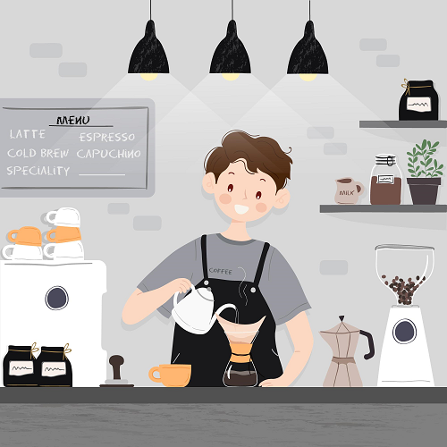 The COFFEE SHOP BACKGROUNDS product depicts a smiling barista pouring coffee in a cafe with shelves of jars, coffee bags, and a plant behind. A coffee maker, grinder, mugs sit on the counter with a menu showing espresso and latte options. Black pendant lights hang above.