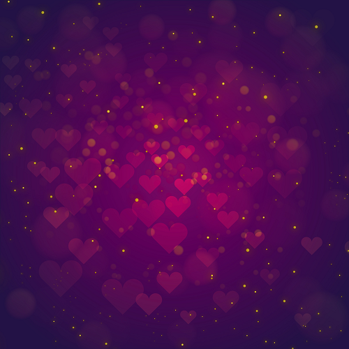 The LOVE BACKGROUNDS design features semi-transparent red hearts in various sizes scattered on a deep purple backdrop, interspersed with glowing yellow-orange bokeh lights for a dreamy, romantic effect.