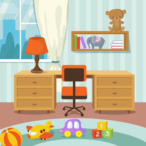 The KIDS BACKGROUNDS playroom features a desk with a lamp and chair, a shelf with a teddy bear, elephant toy, and books. The floor is scattered with toys like a ball, airplane, car, and blocks. A window offers an outside view.