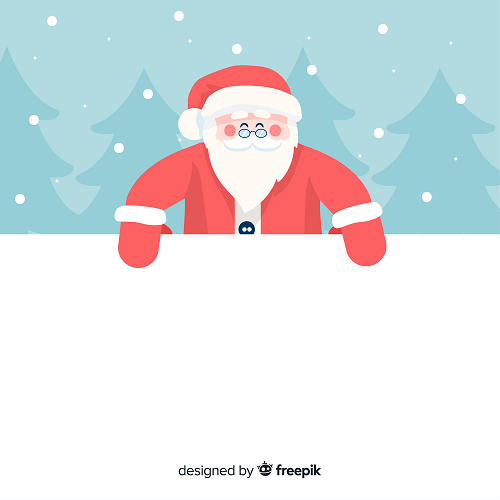 Illustration from our Christmas Backgrounds collection shows Santa Claus, with his iconic white beard and red suit, smiling behind a blank white sign, set against a backdrop of a snowy sky and evergreen trees.