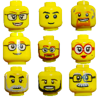 Nine yellow Lego Heads, resembling classic Lego figures, form a grid. Each head has unique facial designs with features like glasses and beards, reflecting diverse personalities—ideal for construction enthusiasts creative play. Get 5 for £5!.