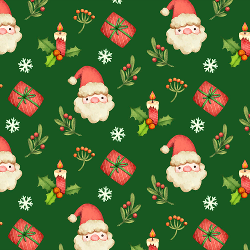 Festive Christmas Backgrounds featuring Santa faces, candles, gift boxes, holly, mistletoe, and snowflakes on a green backdrop.