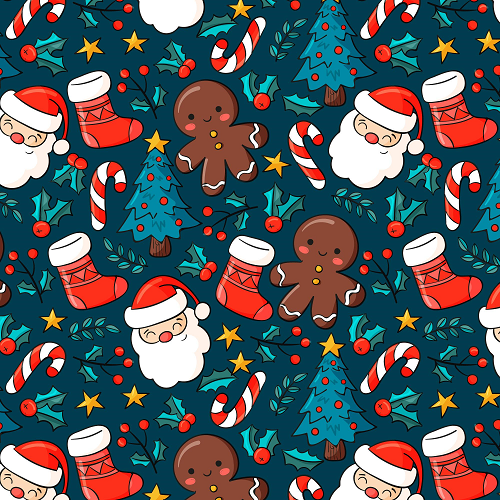 The Christmas Backgrounds product features a festive pattern with Santa faces, gingerbread men, Christmas trees, candy canes, stockings, holly leaves, red berries, and yellow stars set against a dark background. The design is colorful and cheerful.