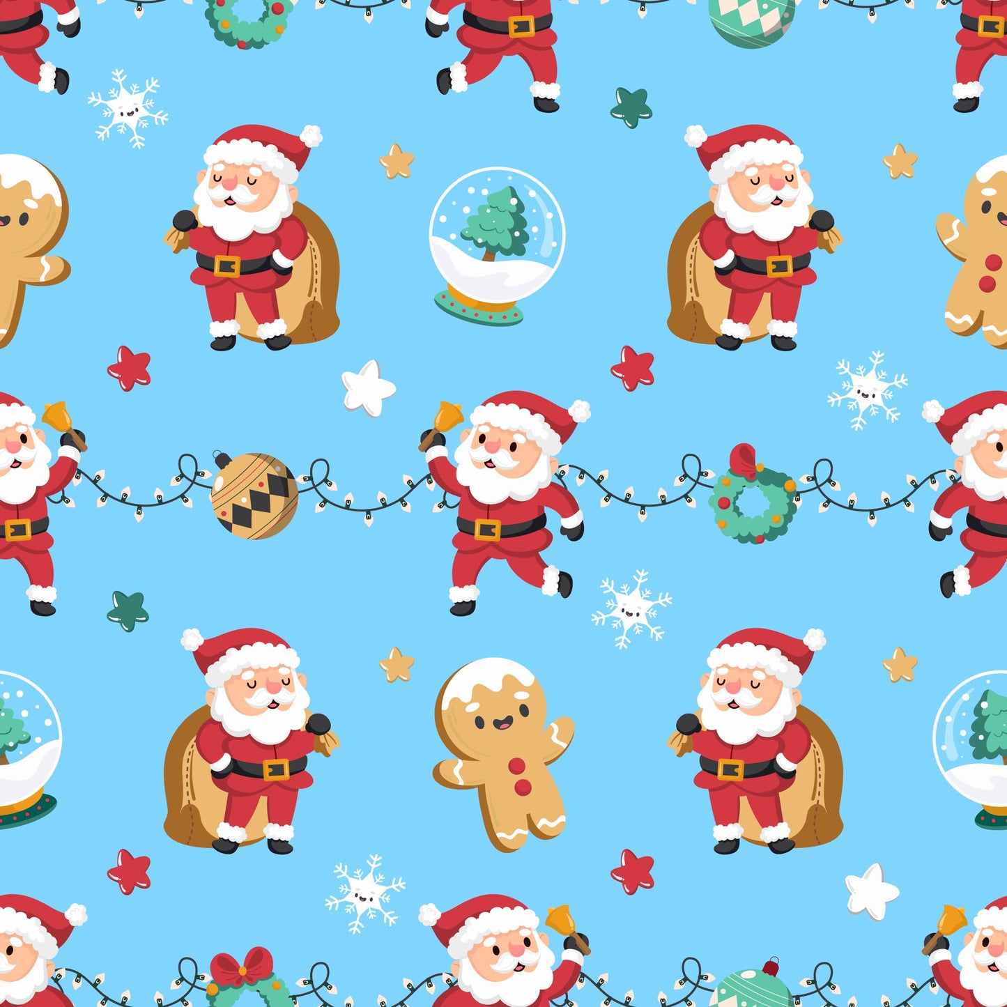 The Christmas Backgrounds product features a seamless pattern with Santa Claus in various poses, a gingerbread man, Christmas ornaments, and snowflakes on a light blue background.