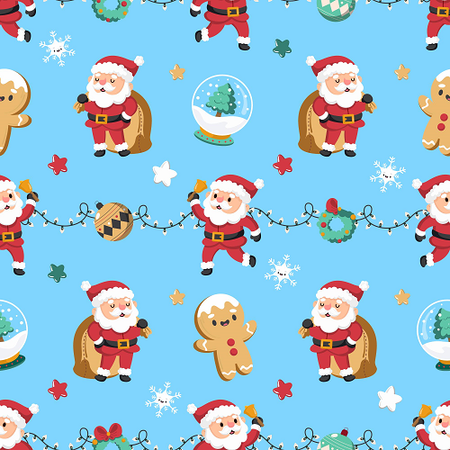 The Christmas Backgrounds product features a festive blue background adorned with Santa Claus in various poses, gifts, gingerbread cookies, snowflakes, wreaths, and holiday ornaments.