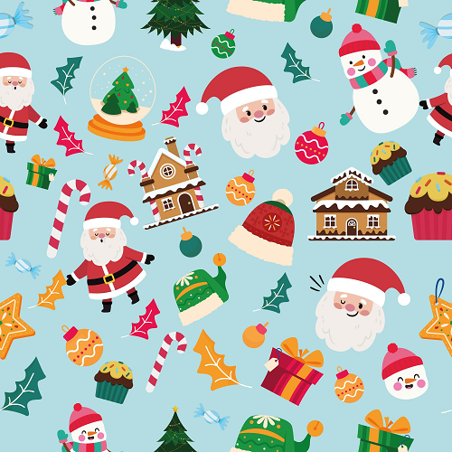 The Christmas Backgrounds features a festive pattern on a light blue backdrop with Santa Claus, snowmen, Christmas trees, gingerbread houses, cupcakes, gift boxes, candy canes, and holiday ornaments in cheerful colors.