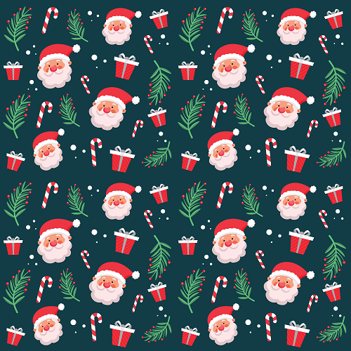 The Christmas Backgrounds product showcases a festive pattern with Santa Claus faces, red gift boxes topped with white bows, green pine branches, candy canes, and snowflakes on a dark backdrop.