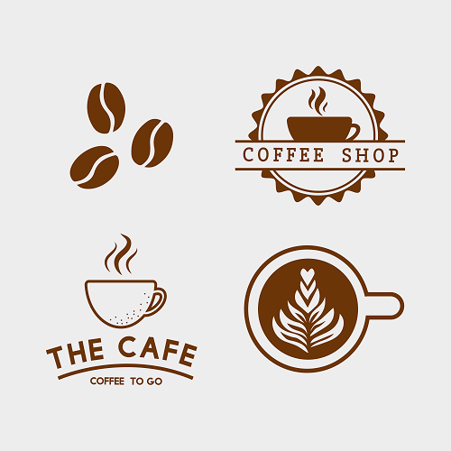 COFFEE SHOP BACKGROUNDS features four coffee-themed logos on gray: top left, beans; top right, steaming cup labeled Coffee Shop; bottom left, steaming cup above The Cafe Coffee To Go; bottom right, a cup with latte art.