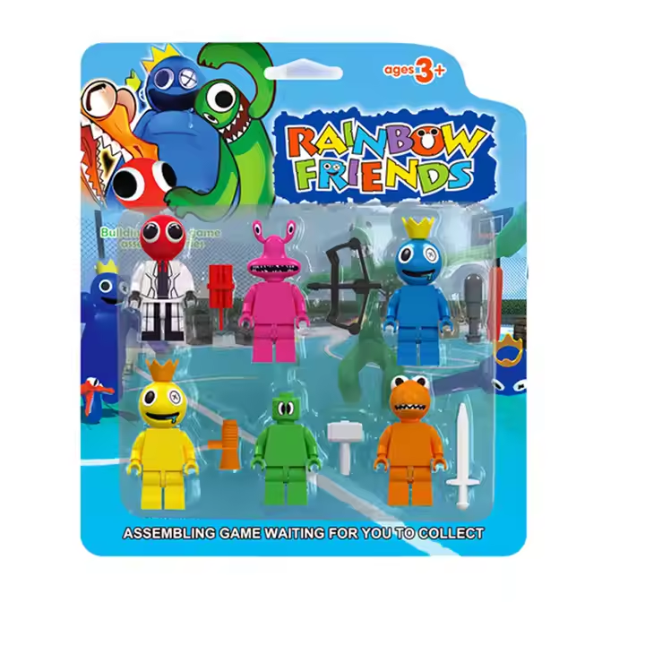 The 6 Roblox Rainbow Friends Building Block Toy Action Figure Kid Xmas Gift Collection features colorful figurines inspired by the popular game, including a blue crowned figure, pink with long ears, orange dinosaur-like, and others in red, yellow, and green. Suitable for ages 3+.