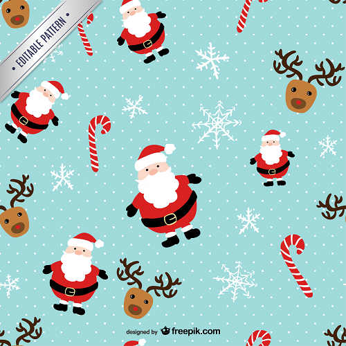 Cartoon Santas, reindeer faces, candy canes, and snowflakes adorn a light blue background with white dots. A corner label reads Editable Pattern on the Christmas Backgrounds product.