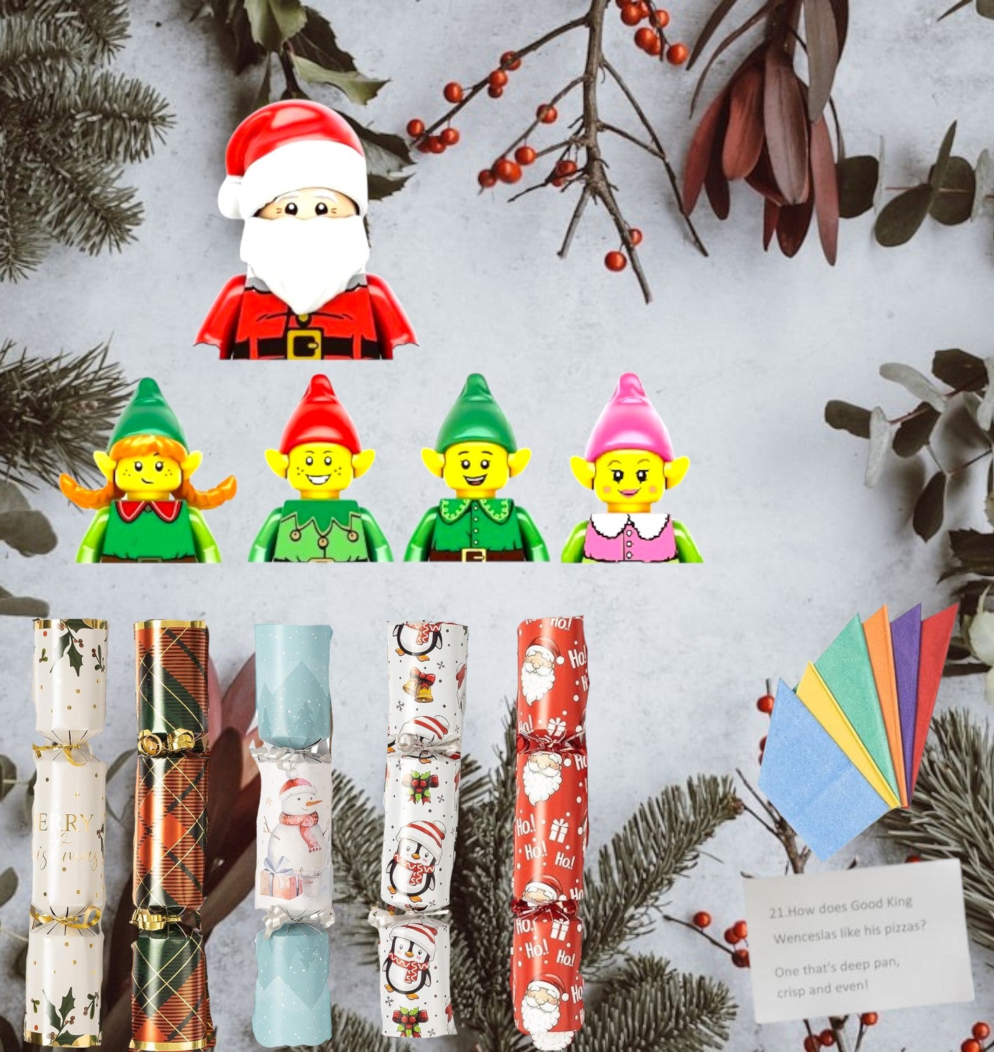 5 Deluxe Christmas Crackers with Christmas Themed Minifigures