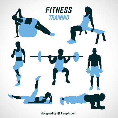 Silhouettes exercise with a stability ball, bench, barbell, run with dumbbells, and perform floor exercises. FITNESS BACKGROUND text at the top.