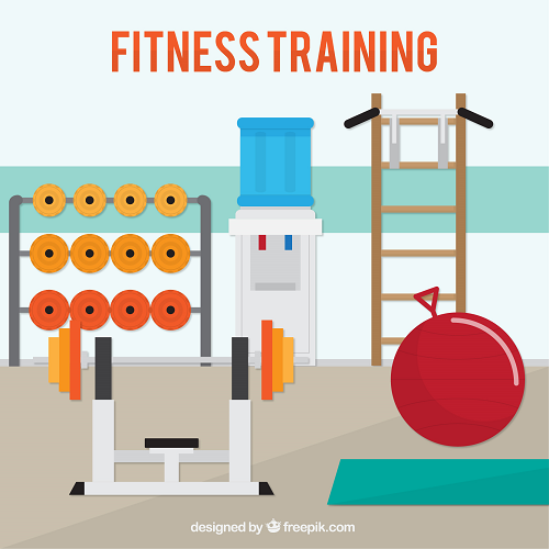 Illustration of fitness gear featuring a bench press with weights, dumbbells on a rack, water cooler, climbing ladder, red exercise ball, and yoga mat. Text reads Fitness Training. Product Name: FITNESS BACKGROUND.