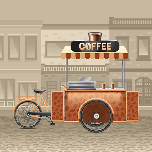 An illustration from the COFFEE SHOP BACKGROUNDS collection features a bicycle coffee cart on cobblestones, adorned with a cup labeled COFFEE and coffee bean patterns. Buildings with windows form the backdrop.