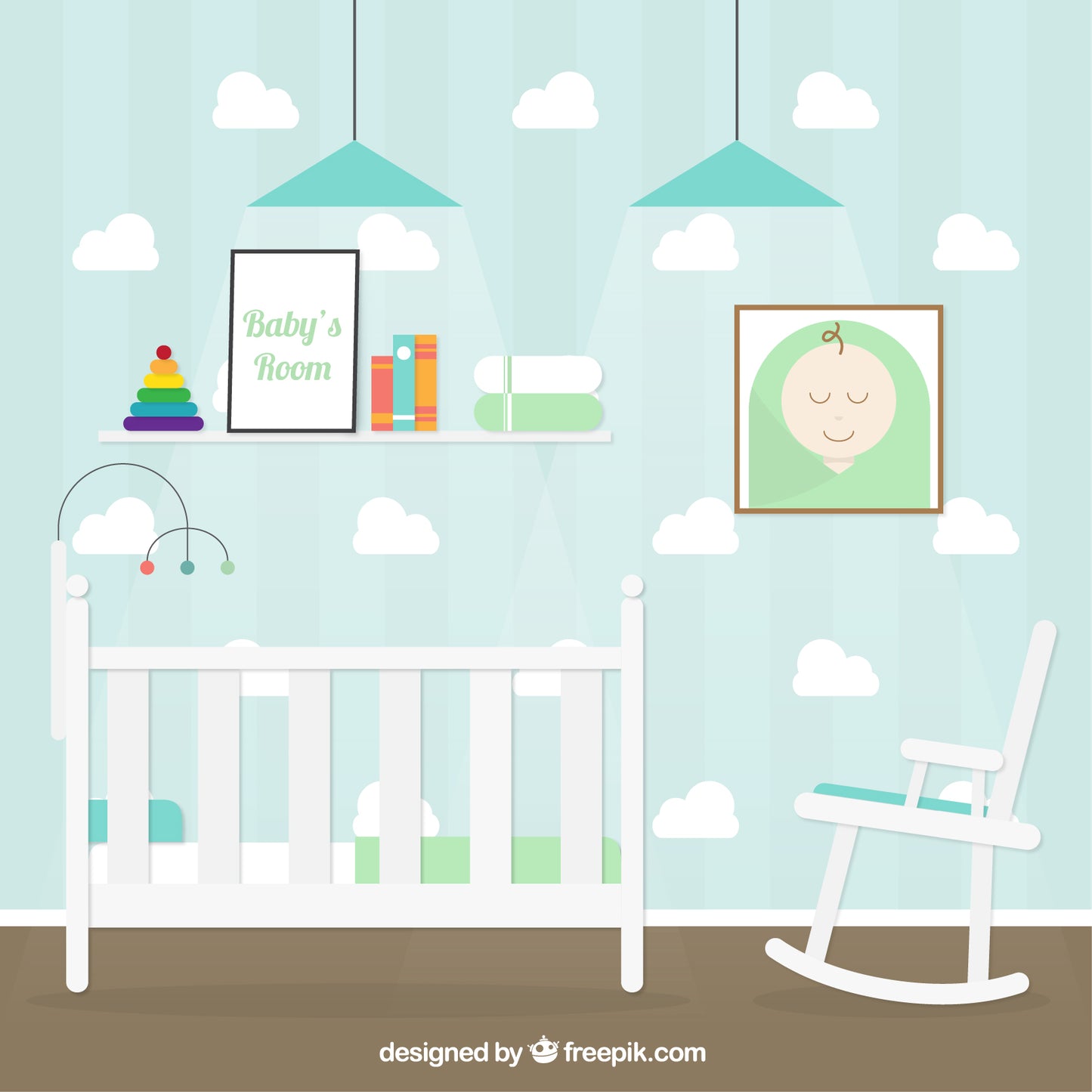 A cozy babys room illustration from KIDS BACKGROUNDS features a crib, mobile, rocking chair, shelves with a baby picture, books, pyramid toy, and cloud wallpaper. Soft ceiling lights enhance the gentle ambiance.