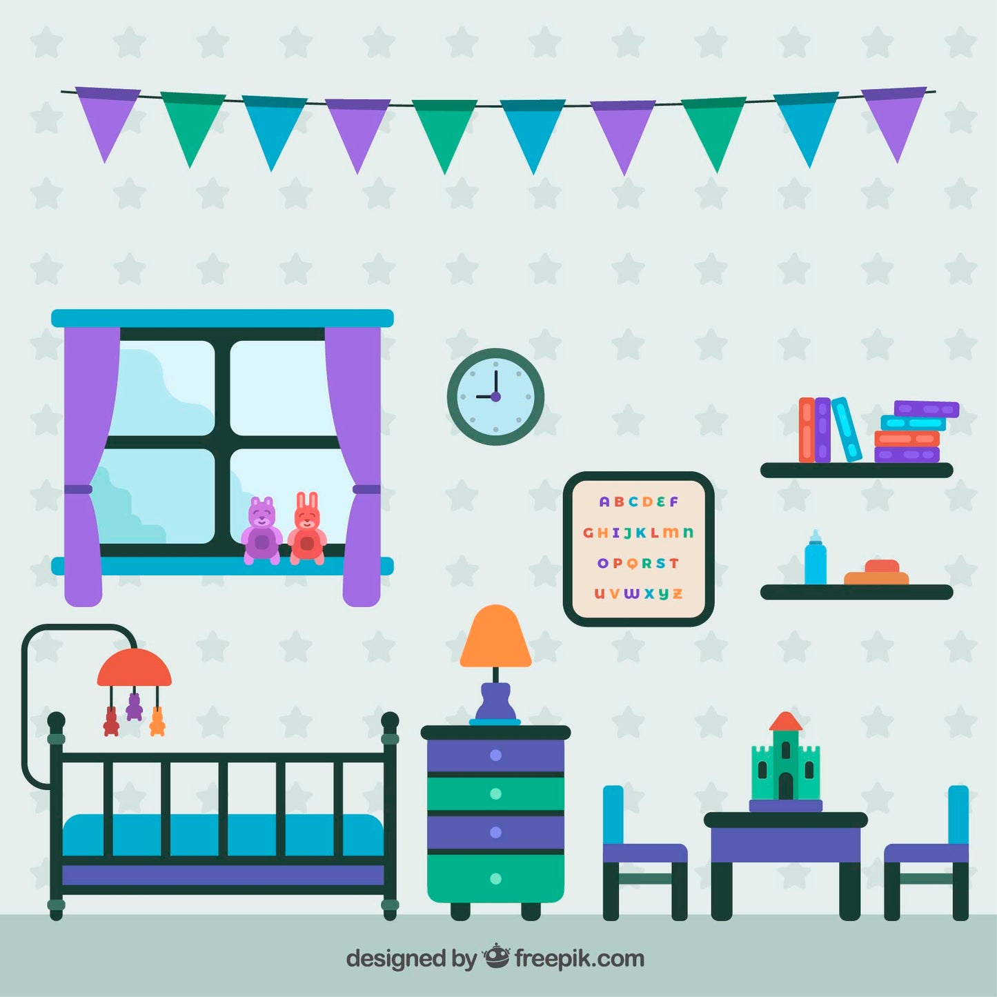 Illustration from KIDS BACKGROUNDS: A colorful childs room with a bed, shelves, small table, and walls adorned with a clock, lamp, and alphabet chart. Purple-curtained window shows bunny and bear on the sill. Star wallpaper and bunting complete the whimsical space.