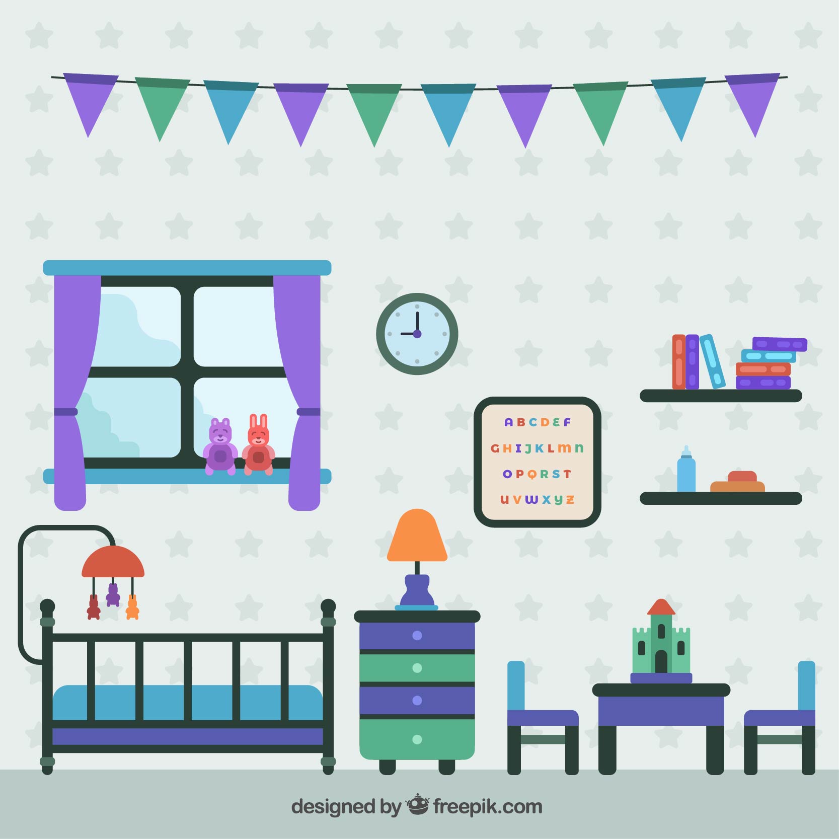 Illustration from KIDS BACKGROUNDS: A colorful childs room with a bed, shelves, small table, and walls adorned with a clock, lamp, and alphabet chart. Purple-curtained window shows bunny and bear on the sill. Star wallpaper and bunting complete the whimsical space.