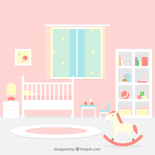 The KIDS BACKGROUNDS features a childrens room illustration with a crib, rocking horse, toy shelves, and a small table with chairs. The pink walls and star-patterned curtains decorate the window, while a round rug adorns the floor.