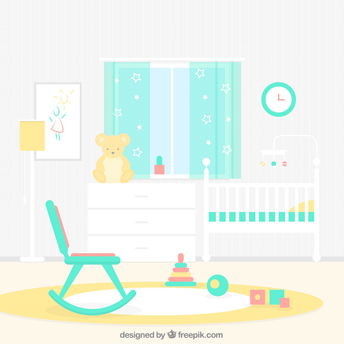 The KIDS BACKGROUNDS scene features a pastel nursery with a crib, rocking chair, and dresser adorned with toys. A teddy bear rests on the dresser beside star-patterned curtains. A wall clock overlooks a circular rug scattered with a toy pyramid and blocks.