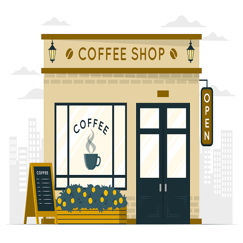 The COFFEE SHOP BACKGROUNDS product features a quaint coffee shop exterior with a large Coffee Shop sign, a window displaying a steaming cup illustration, and an outside chalkboard menu near flowers. An Open sign hangs on the door, with city buildings faintly visible in the backdrop.