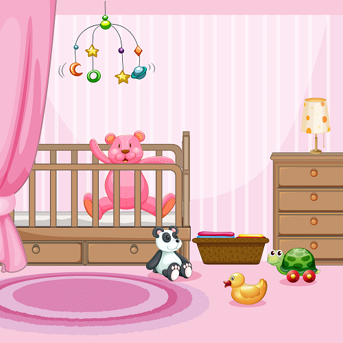 A nursery features KIDS BACKGROUNDS: a pink crib with a teddy bear, star and moon mobile, dresser with a lamp, a basket of books, toy animals—panda, duck, turtle—and all set on a round pink rug.