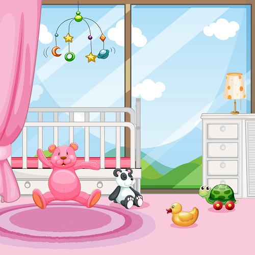 A nursery featuring Kids Backgrounds includes a crib, pink and panda plush toys, a toy duck, and turtle on the floor. A mobile with stars and planets hangs above. The room has pink curtains, a dresser with a lamp, and a window displaying scenic hills and clouds.