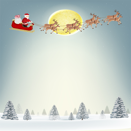 Santa Claus rides his sleigh pulled by reindeer across a bright full moon in the snowy night sky. Below, snow-covered trees create a serene landscape under a light dusting of snow. Enhance your holiday spirit with our Christmas Backgrounds.