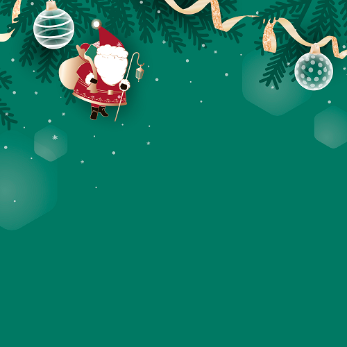 The Christmas Backgrounds product features a festive scene with Santa holding a lantern and sack, amid evergreen branches, baubles, and gold ribbons on a green background. Snowflakes sprinkle the scene, enhancing the holiday feel.