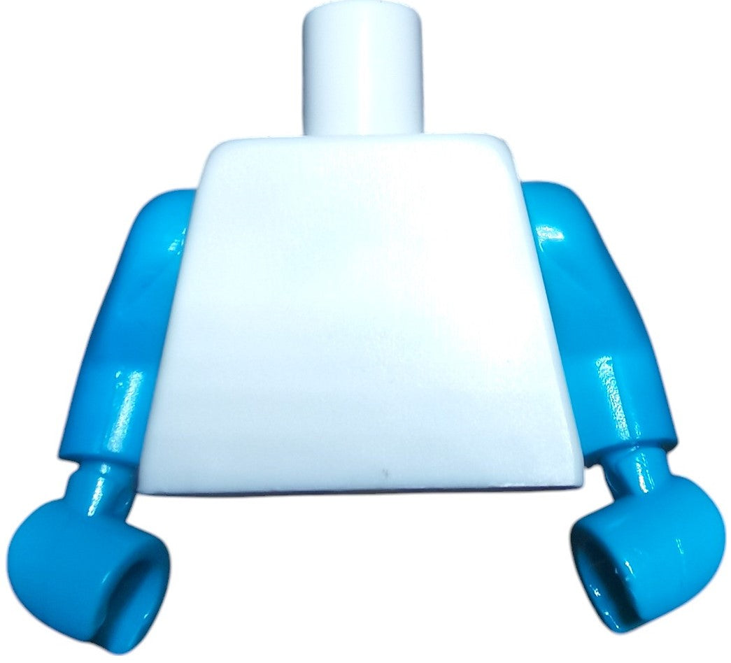 A close-up shows the Minifigure Keyring Torsos with a white body and blue arms. The figure lacks a head or legs, with its slightly bent arms positioned downward.