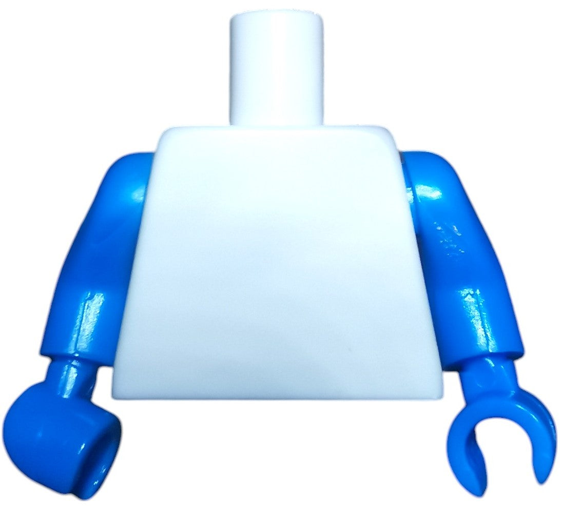 A Minifigure Keyring Torso features a plain white torso with blue arms and hands, positioned downwards.