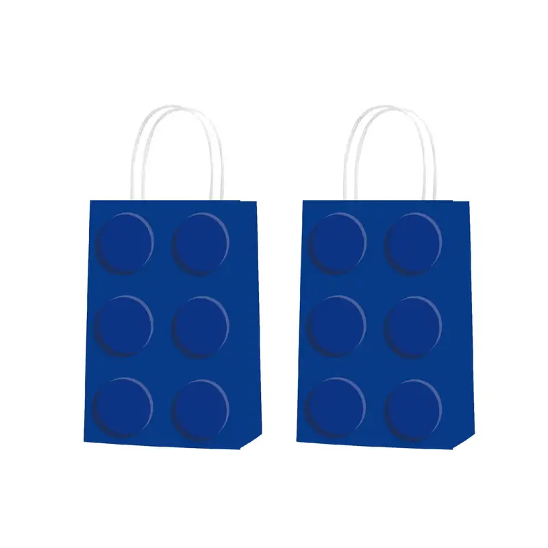 Illustration of two Brick Block Party Bags (Pack of 12) designed to resemble toy building blocks in blue with raised circle patterns. They have white handles and a plain white background, making them perfect for LEGO enthusiasts and unique party favors.