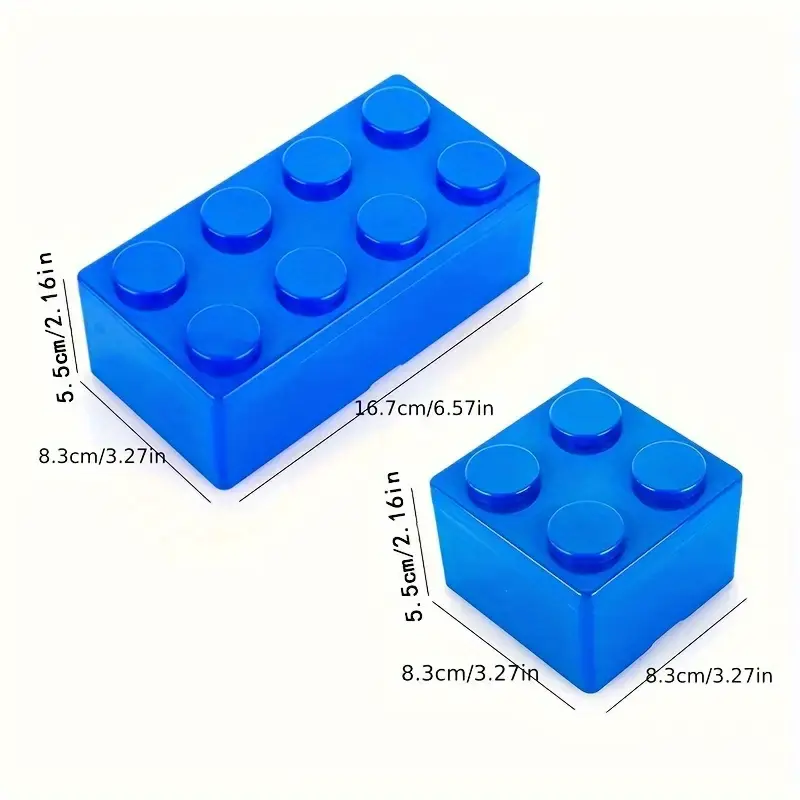 A set of four colorful 2x4 storage blocks in red, yellow, blue, and green. Includes two interlocking blue blocks: one measuring 16.7 x 8.3 x 5.5 cm (3 rows) and another at 8.3 x 5.5 x 8.3 cm (2 rows), featuring Lego-like studs for easy stacking.