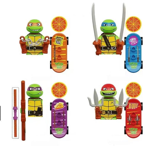 Teenager Mutant Ninja Turtles Minifigures with skateboard and weapons 4 pack.