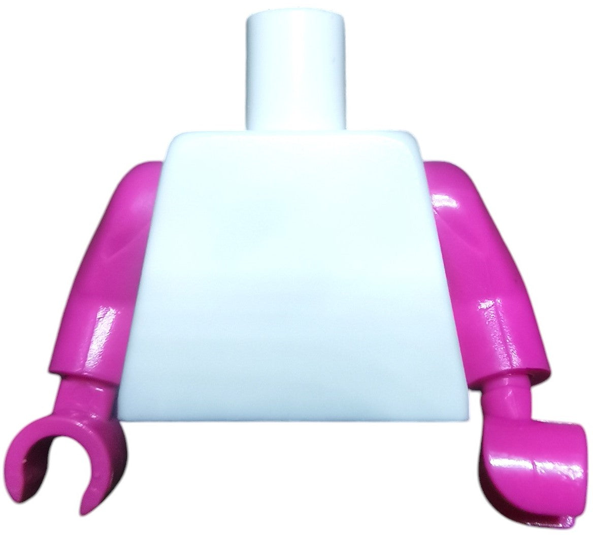 A Minifigure Keyring Torso with a white body and pink, elbow-bent arms. The hands resemble claws against a plain white background.