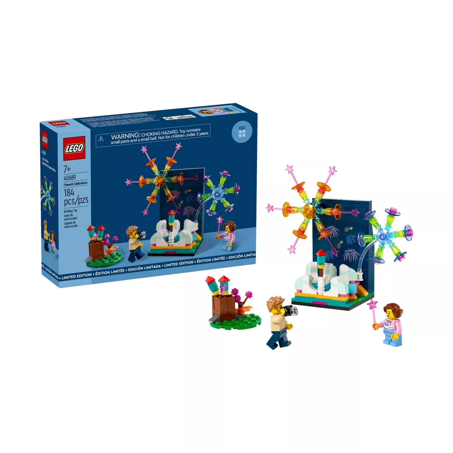 LEGO figures with fireworks display set; includes a boy with a megaphone, a girl with a wand, a cart of rockets, and a colorful background with large fireworks.