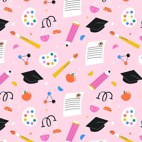 Graduate Backgrounds: A school-themed design on a pink background with vibrant illustrations of graduation caps, pencils, paint palettes, apples, beakers, A+ papers, and geometric motifs.