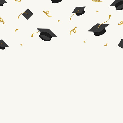 The Graduate Backgrounds feature graduation caps and golden streamers tossed in the air against a light background, celebrating academic achievement.