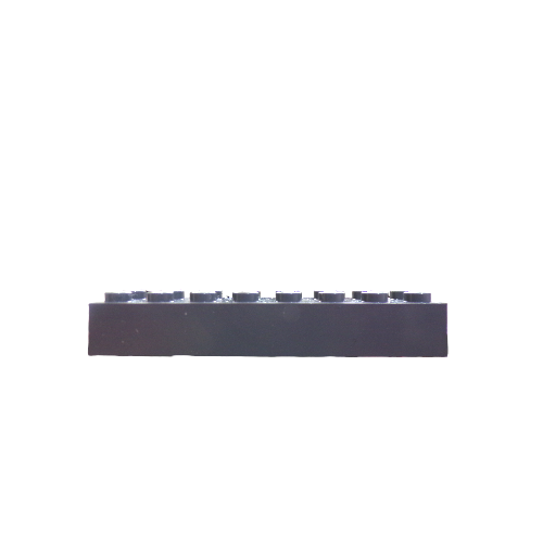 A single black 2X8 BRICKS piece with eight studs is centered on a plain white background, viewed from a side angle.